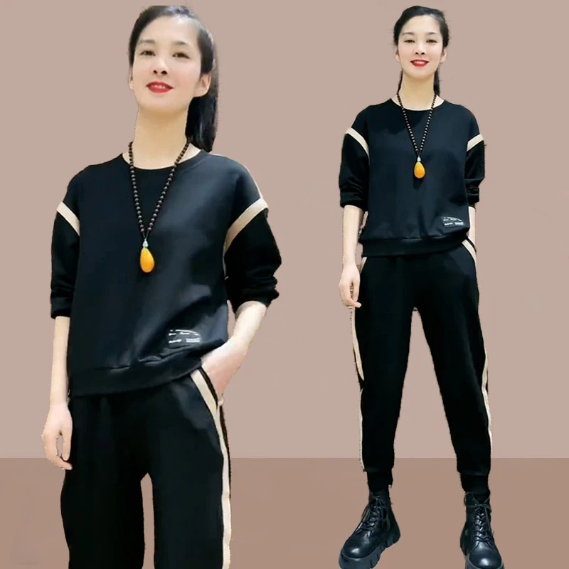 高含棉时尚运动服套装女2024春秋季新款宽松运动时尚减龄两件套潮