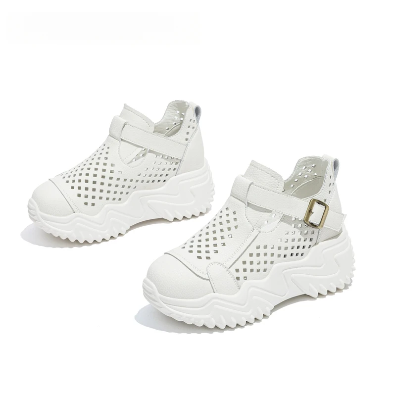 万达撤柜头层牛皮增高厚底夏季凉鞋女2025新款镂空透气软底不累脚