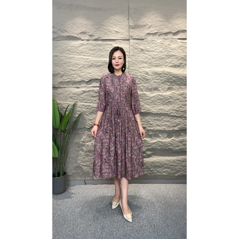 【画姿朵】5385新款花边领紫色富贵花收腰显瘦气质时尚女装连衣裙