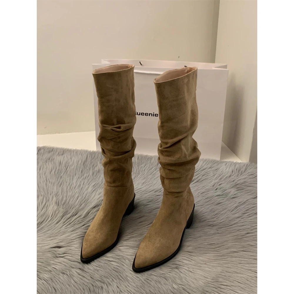 2025新款秋冬尖头高跟卡其色堆堆靴长靴女鞋季瘦瘦长筒骑士靴子