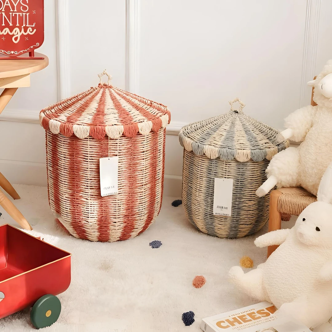 家用格子收纳筐手工脏衣篓藤编大容量整理箱可折叠大号衣服收纳箱