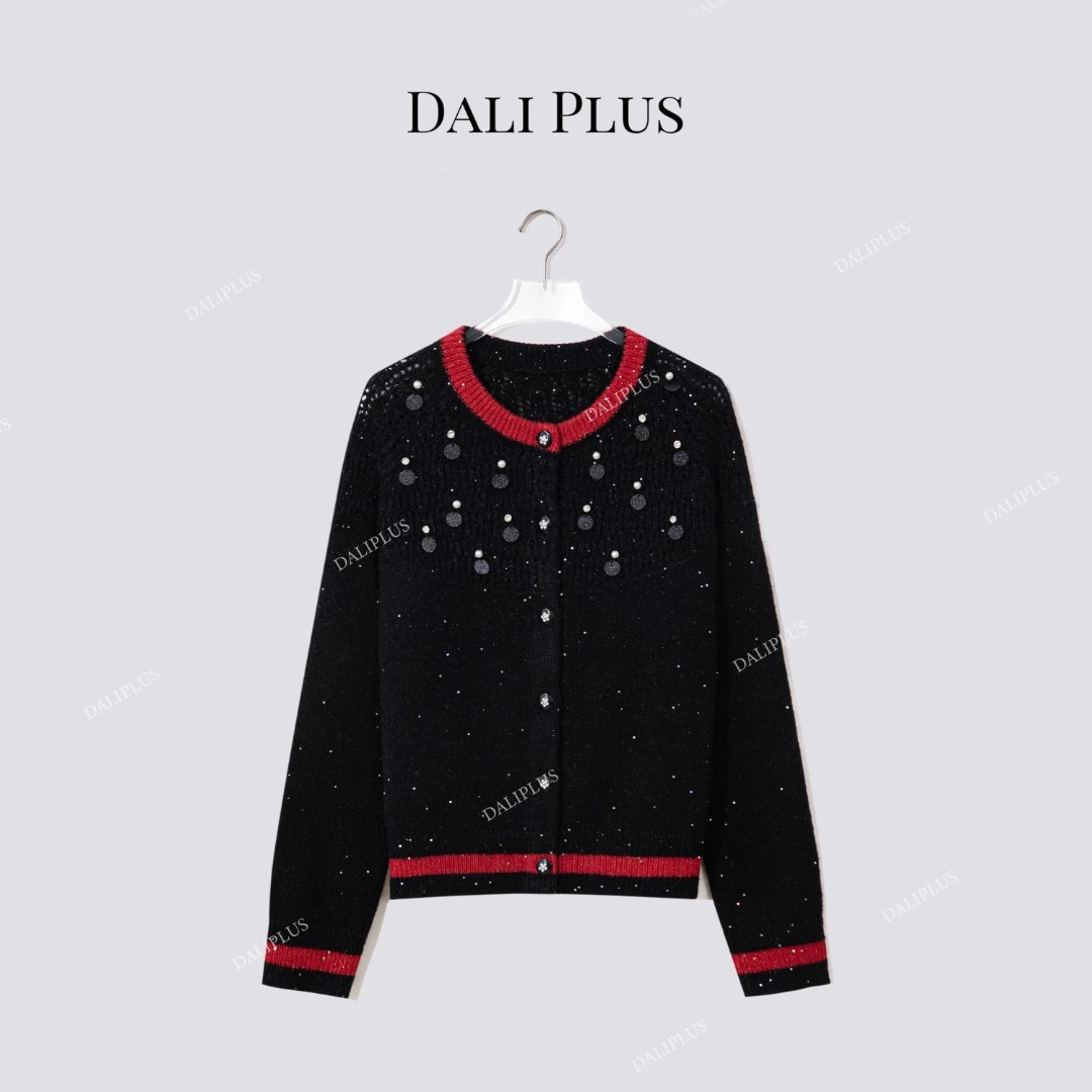 DALI PLUS“红黑珠片苏力毛衣”节日战袍针织开衫女装-D5MM3410