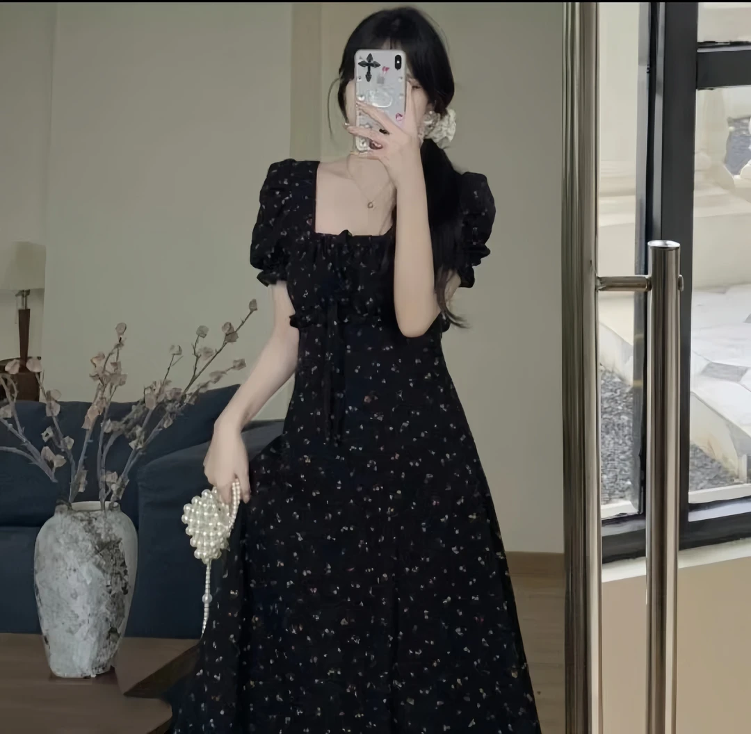 YH-66194大码女装胖mm法式复古方领碎花连衣裙2025新款夏季高级感