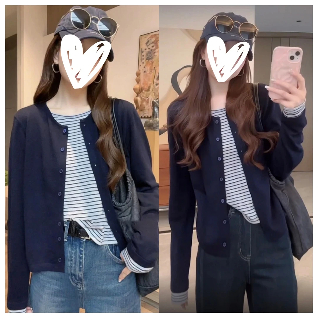 早秋百搭长袖透气圆领假两件针织衫C5900