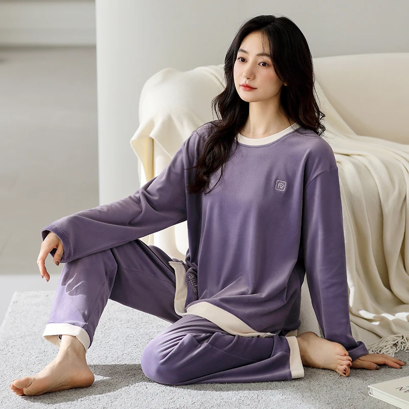 高级感气质睡衣女秋冬长袖长裤海岛绒保暖加绒加厚圆领家居服套装