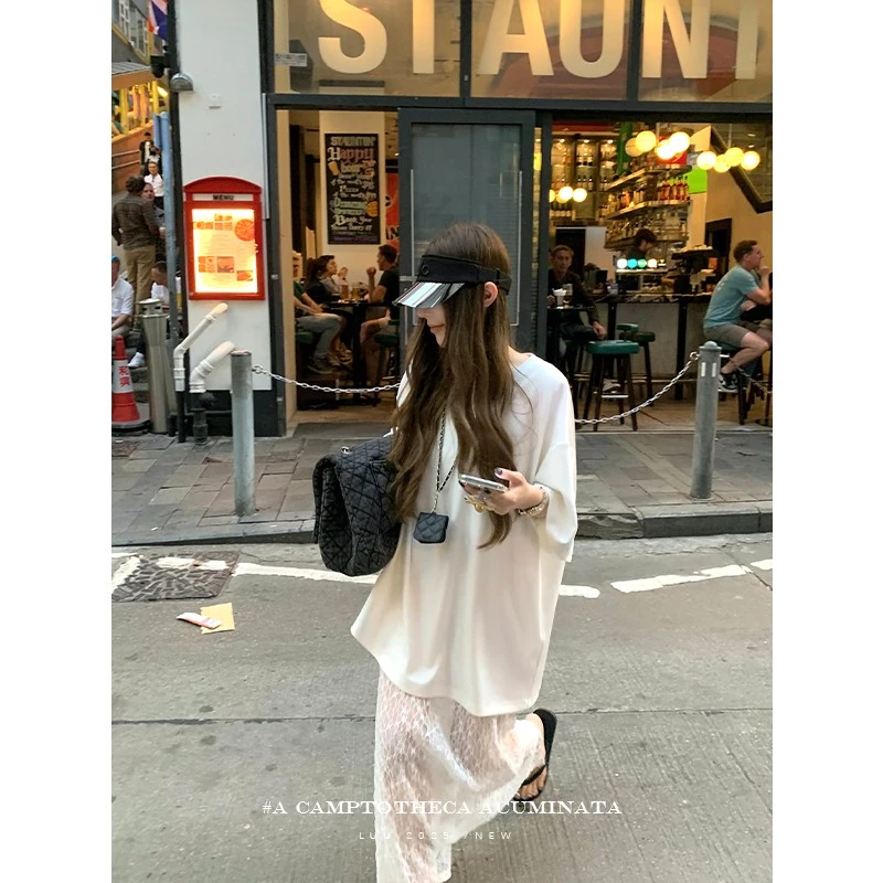 LUU桃喜儿/蕾丝拼接圆领连衣裙女夏短袖假两件裙子设计感宽松长裙