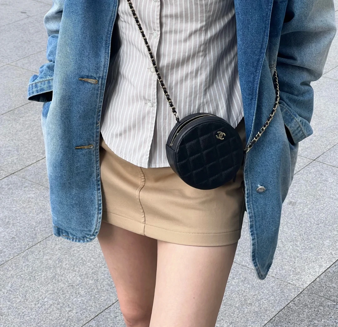 95新 Chanel/香奈儿 0201 黑金荔枝牛皮圆饼单肩包19-20