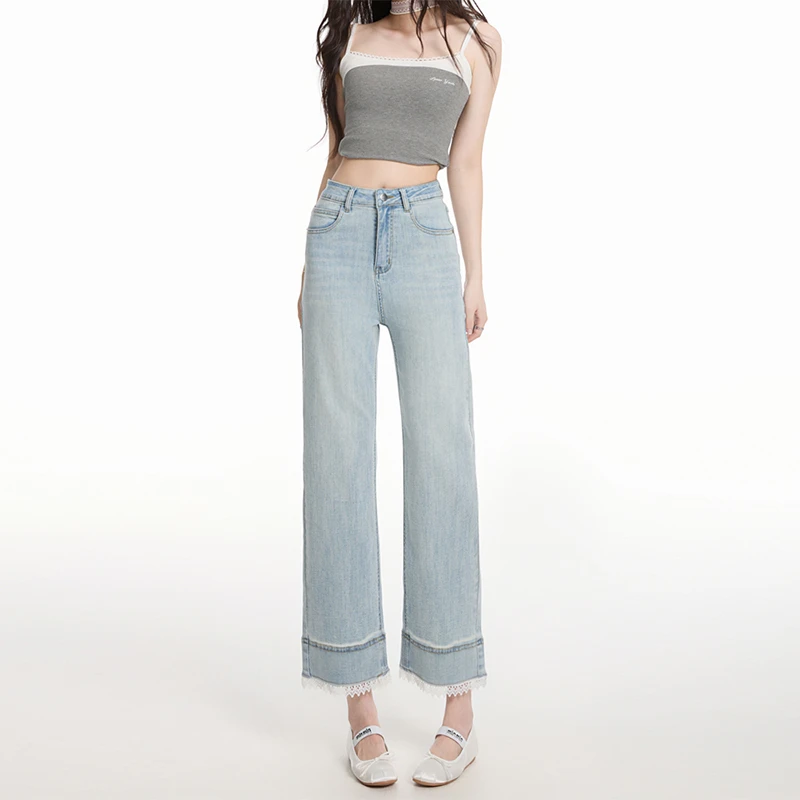 2025夏季直筒牛仔裤女夏季薄宽松高腰小个子九分蕾丝拼接奶奶裤