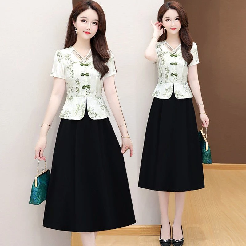 中国风印花2025夏季新款时尚气质显瘦假两件拼接连衣裙裙子