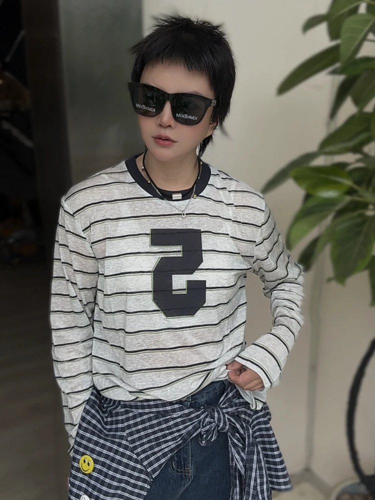 【济州岛】印花5数字字母撞色条纹长袖防晒衣