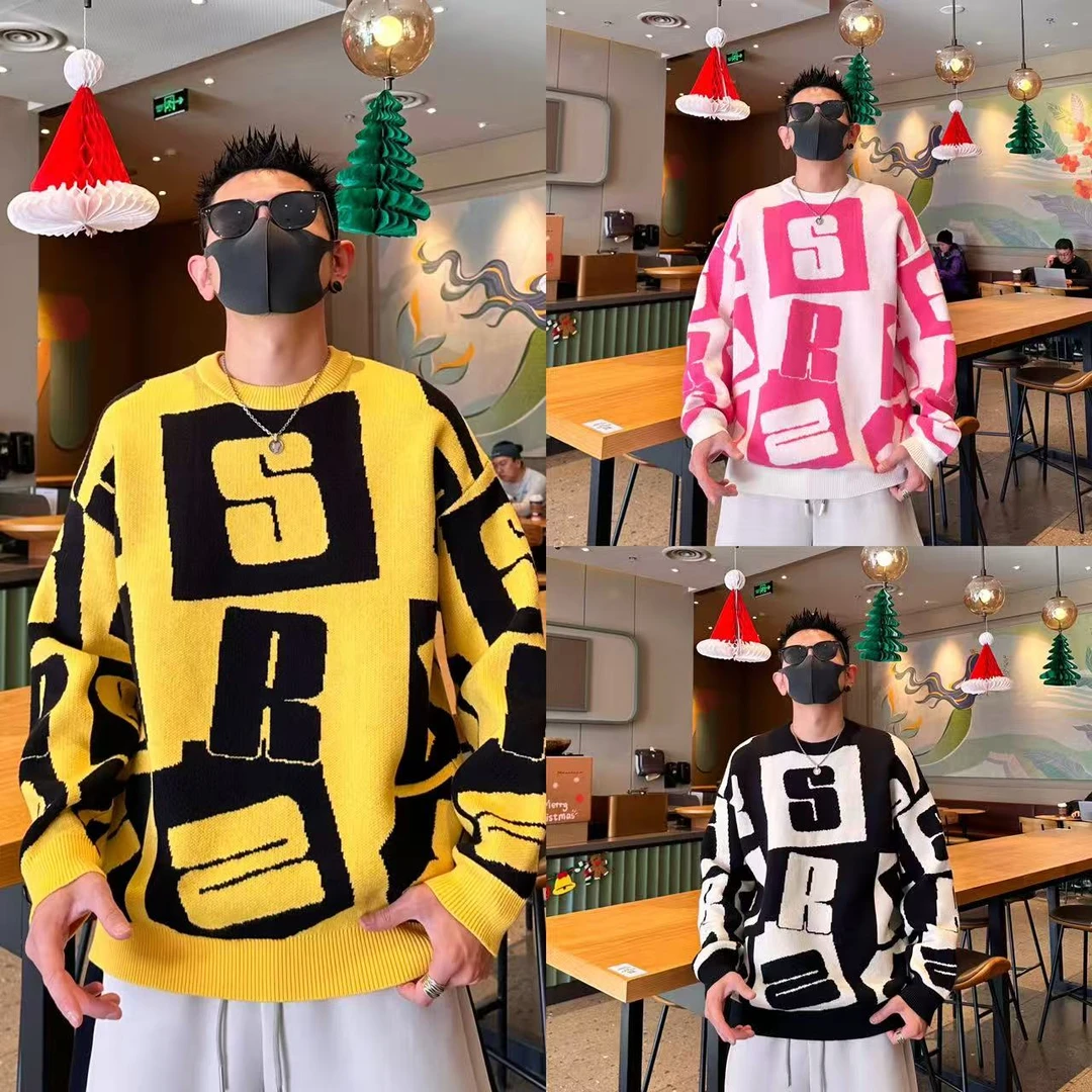 冬季新款时尚潮流百搭休闲圆领套头长袖个性字母宽松男款针织毛衣