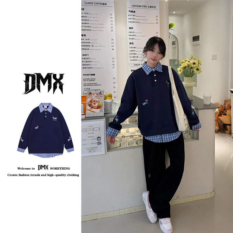 趣味小狗拼接翻领卫衣男女秋季ins学院风百搭宽松情侣Polo领外套