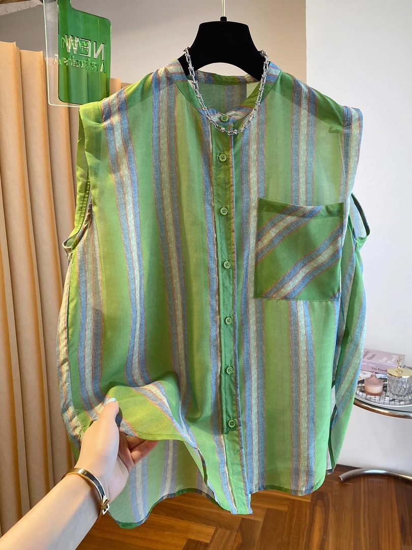 2025夏新款撞色条纹无袖衬衫女单排扣圆领高级感宽松显瘦休闲上衣