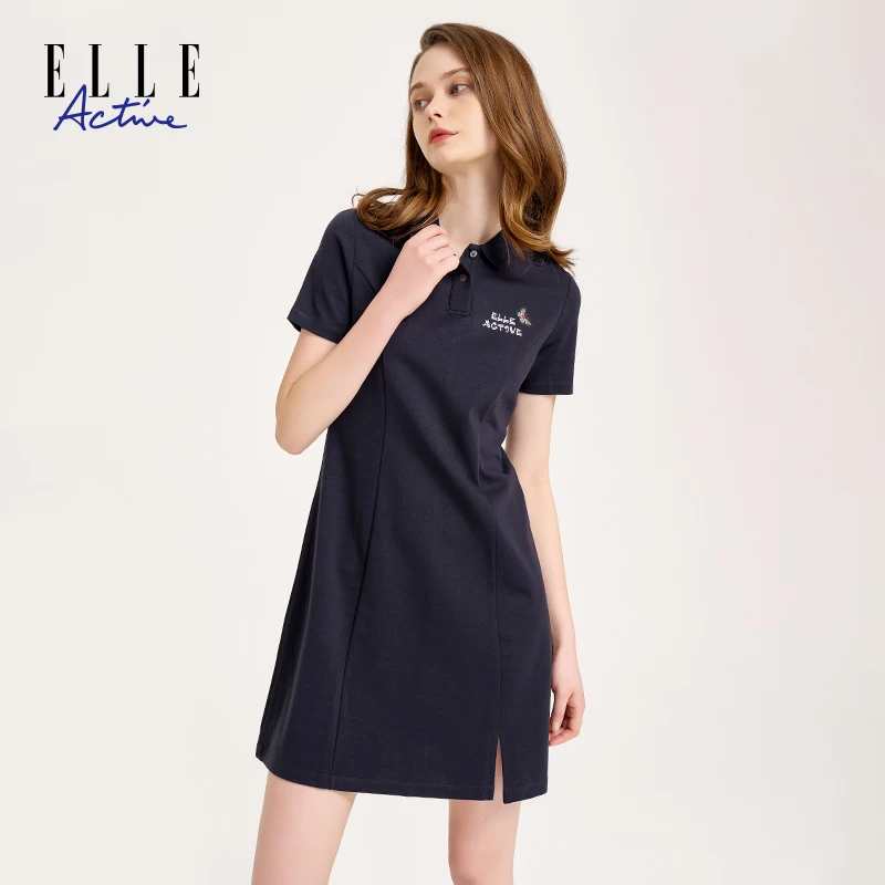 ELLE Active【复古刺绣立体裁剪】polo夏新款短袖翻领连衣裙设计款