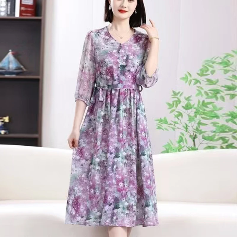 【槿言丝頌】夏季新款女装时尚显瘦印花收腰连衣裙洋气妈妈装6282