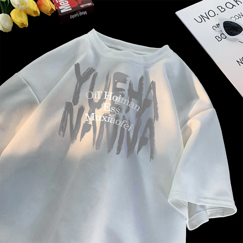 美式重磅痞帅仿麂皮绒短袖T恤男生潮牌印花夏季宽松休闲半袖上衣