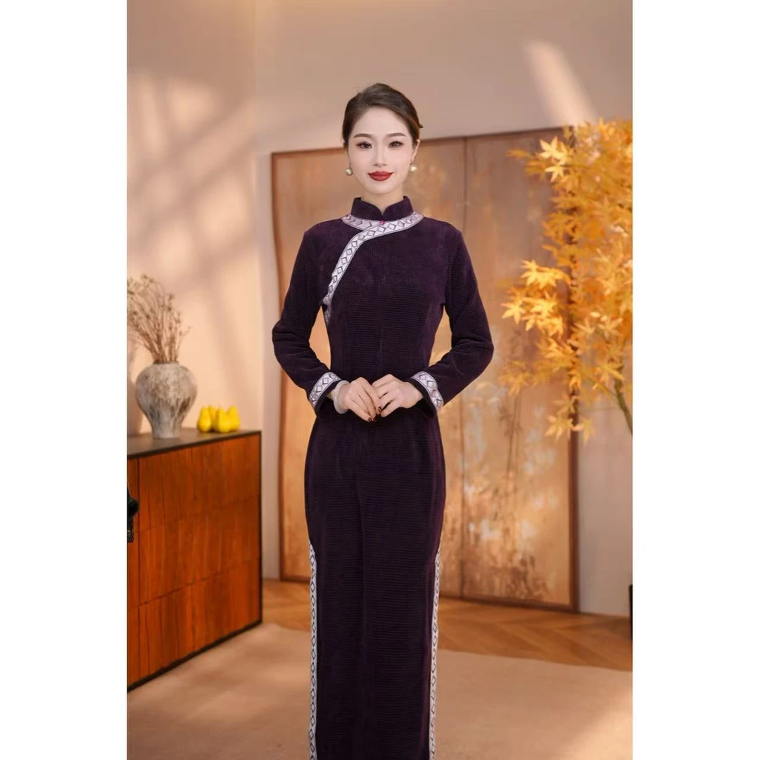 【慕山紫】衣长128左右冬季新款复古长款高档加绒旗袍