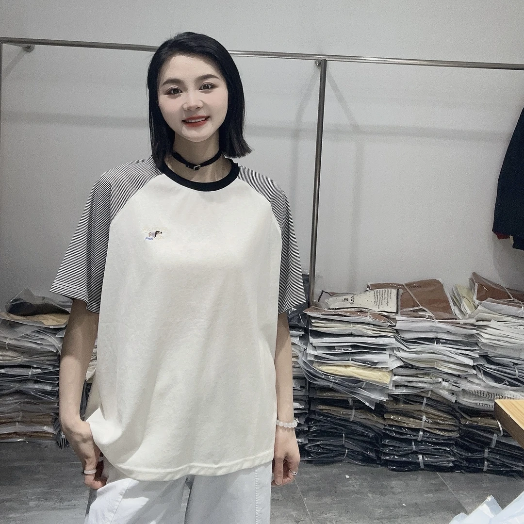 LMM 81211 设计感小众宽松外穿条纹拼接条纹刺绣t恤上衣独特