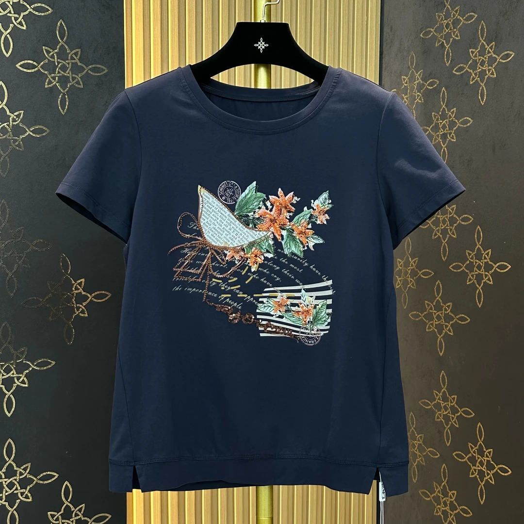 【宠粉福利】40-60岁精致女性 减龄时尚百搭显瘦刺绣圆领短袖#9536