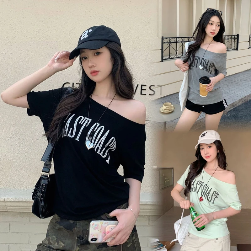 运补6-8】美式复古辣妹斜肩短袖t恤女夏季2025新款宽松字母印花