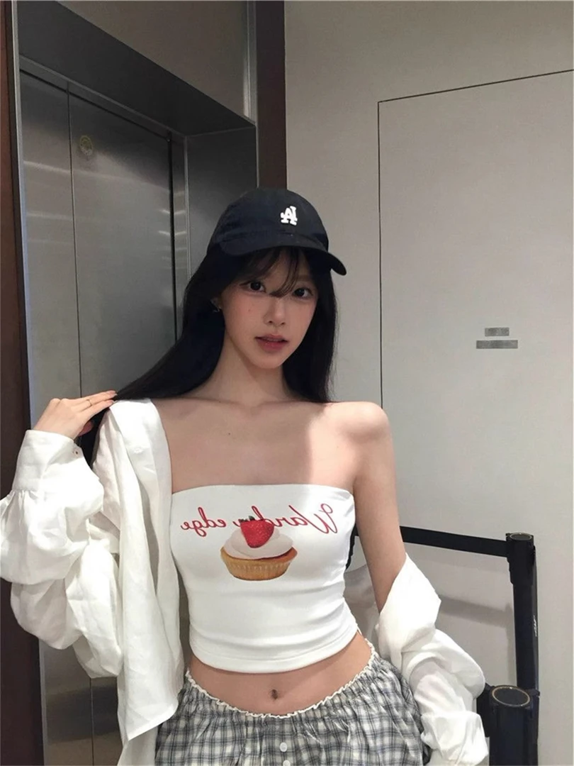 可爱抹胸上衣甜美一字无肩带背心卡通图案少女夏季辣妹性感上衣
