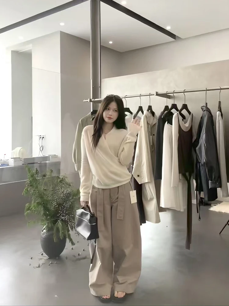 2025秋季韩系复古高级感气质穿搭交叉V领针织衫休闲阔腿裤两件套