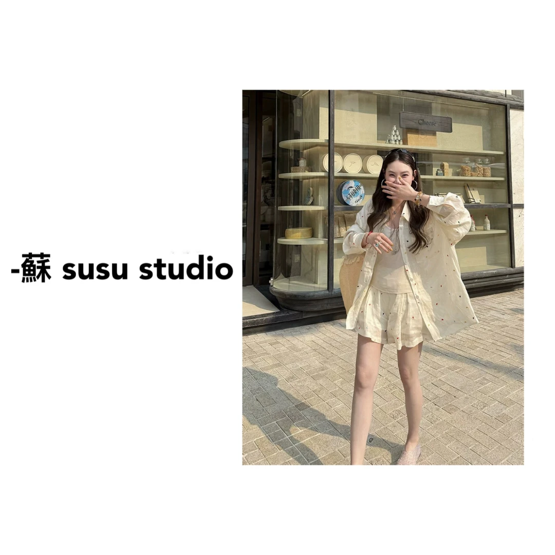 SU 夏季衬衫长袖印花常规外套宽松型长款女士防晒休闲套装 H0185