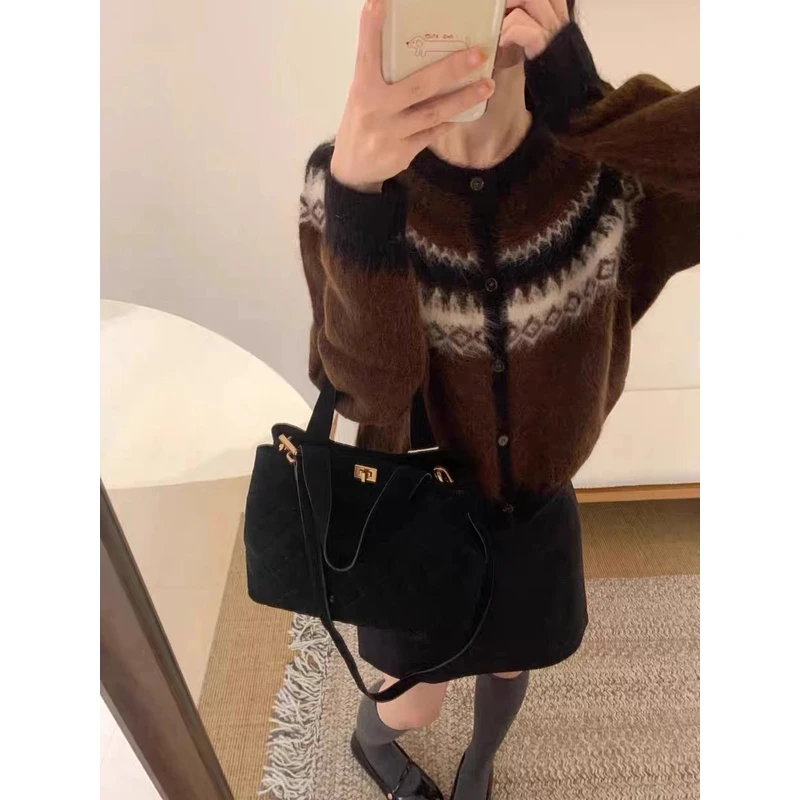 「咖色民族风费尔岛」软糯气质加厚提花拼色毛衣外套针织开衫