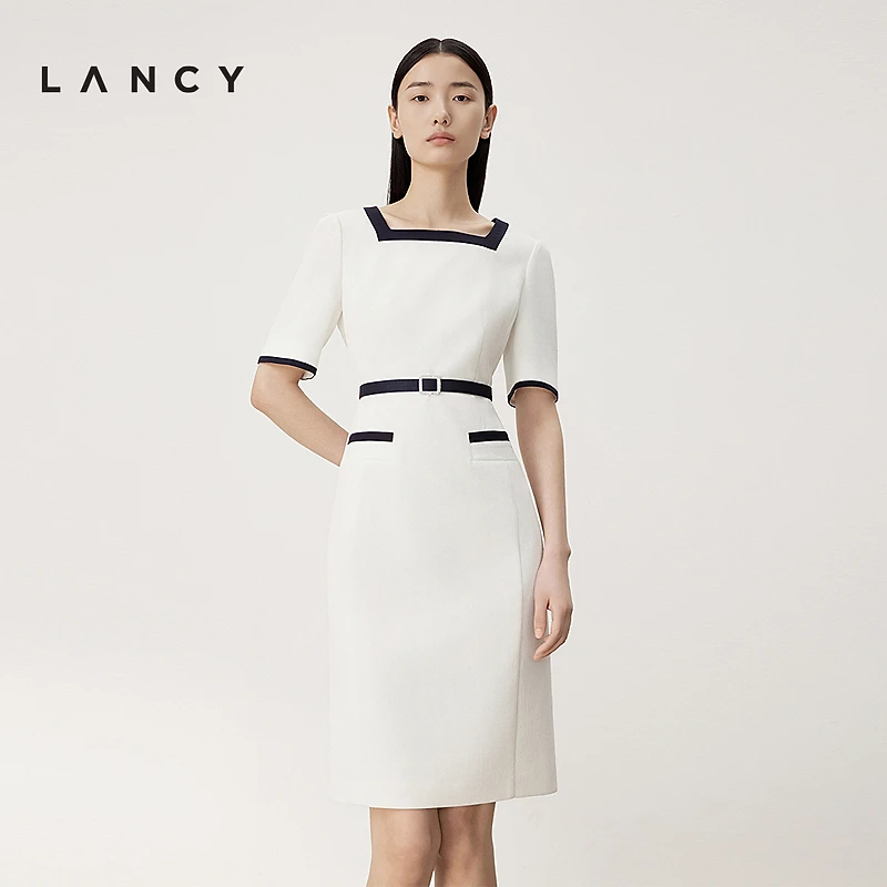 【专柜同款】夏季新款小香风方领白色短袖连衣裙优雅收腰裙子女