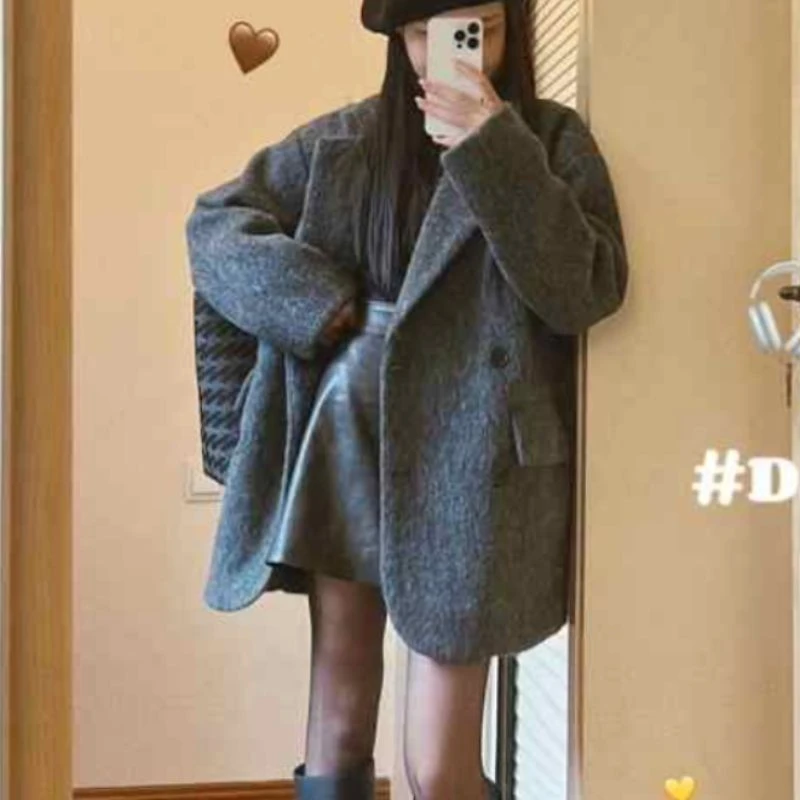 加厚羊毛大衣新款秋冬女高级感小个子灰色呢子显站好百搭西装外套