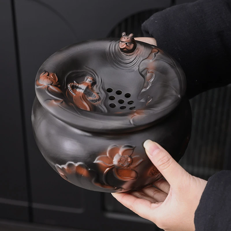 高档紫陶荷韵茶渣缸带盖建水大容量废水桶中式复古茶杯洗茶道配件