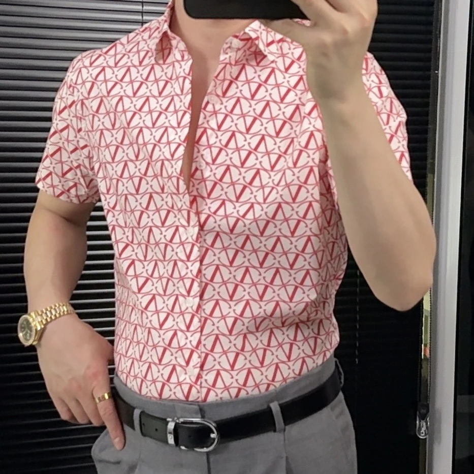 男士春季新款短袖衬衫潮流时尚百搭微弹修身舒适衬衣