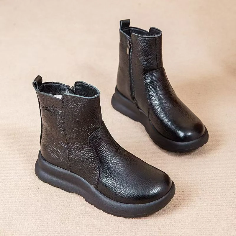 新款女鞋头层牛皮羊皮毛一体橡胶防滑大低短靴812