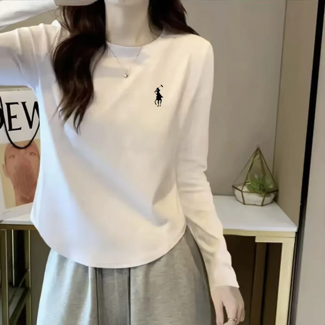 纯色正肩长袖t恤女2025年秋季新款弧形下摆设计修身显瘦打底衫ins