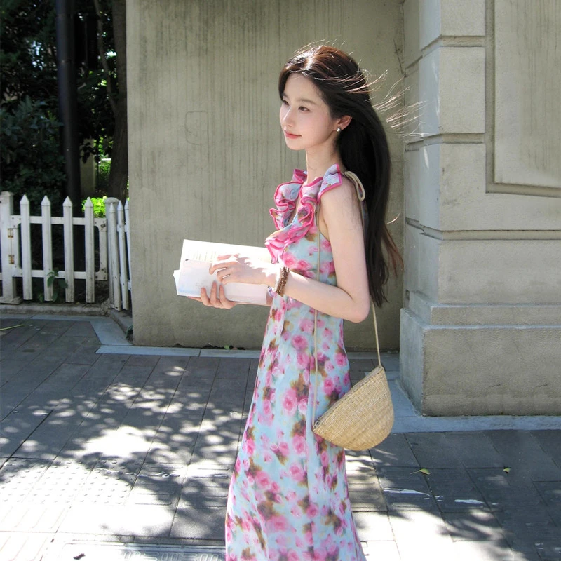 【玫瑰薄荷】双层花边V领碎花连衣裙女夏季度假风收腰显瘦吊带长裙