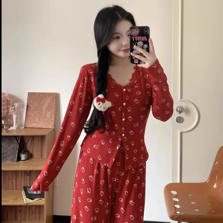 甜喵Kitty冬日红色本命年睡衣套装蕾丝长袖莫代尔自带胸垫家居服
