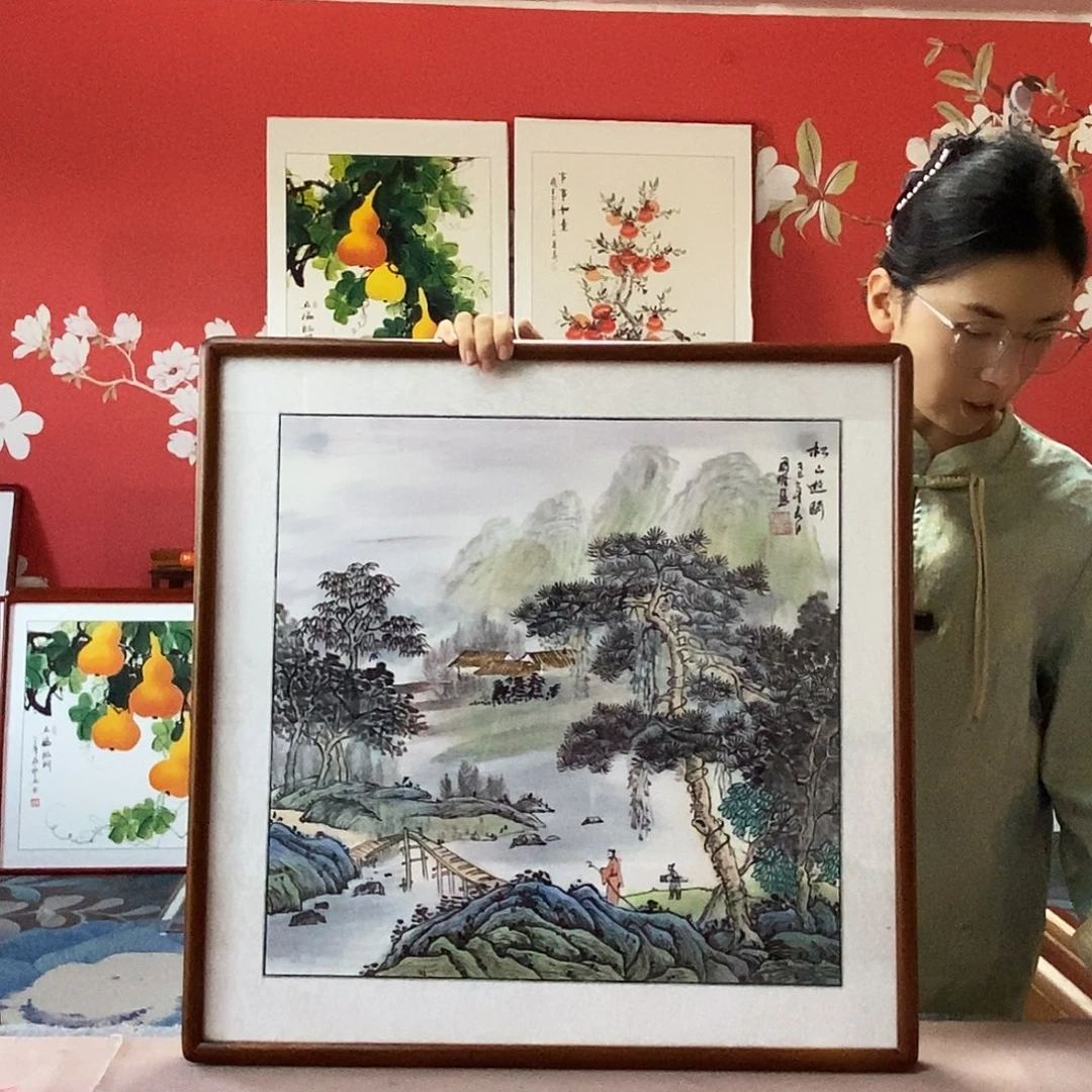 国画手写手绘国画作品带框包邮62✖️62