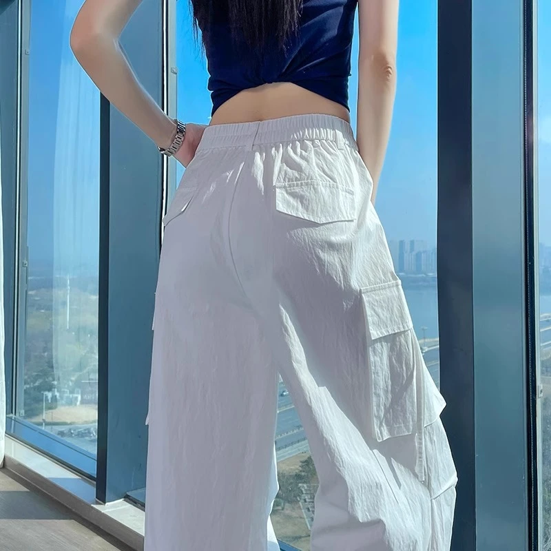 白色工装裤女款2025新款夏薄款时尚好看高腰美式休闲运动阔腿裤