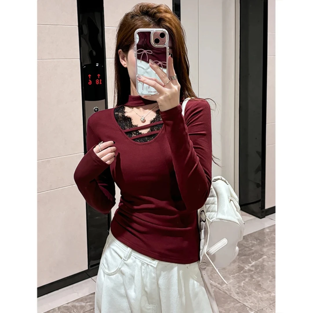 纯欲风显瘦蕾丝拼接v领长袖加绒挂脖T恤女秋冬修身加绒打底衫7097