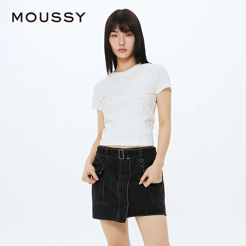 MOUSSY 夏季休闲通勤风多色鱼骨短袖T恤女010HSL90-0570
