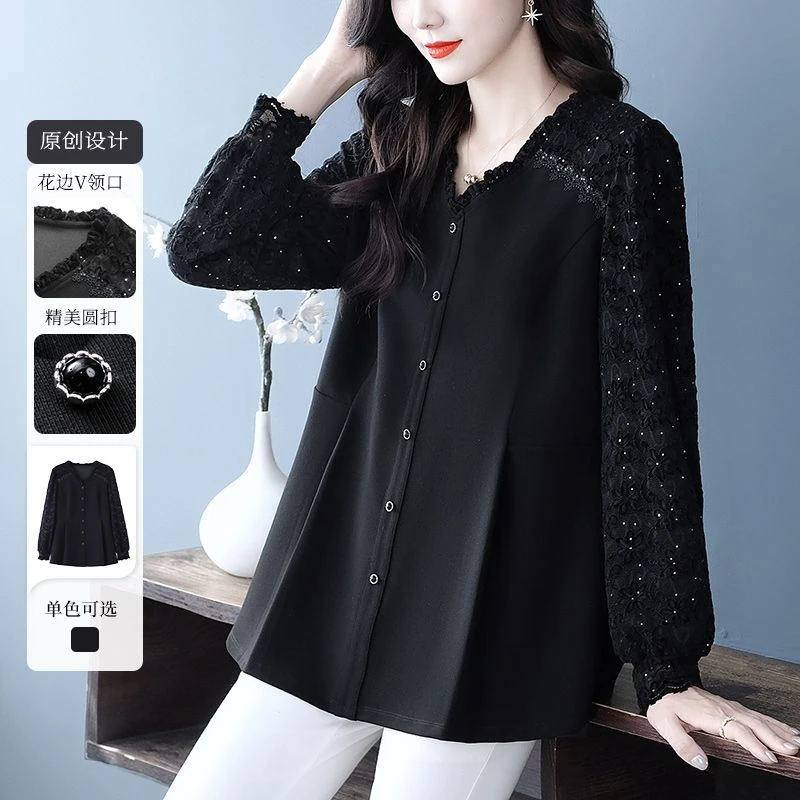 大码女装高档长袖贵太太气质V领拼接蕾丝宽松显瘦上衣YC251328