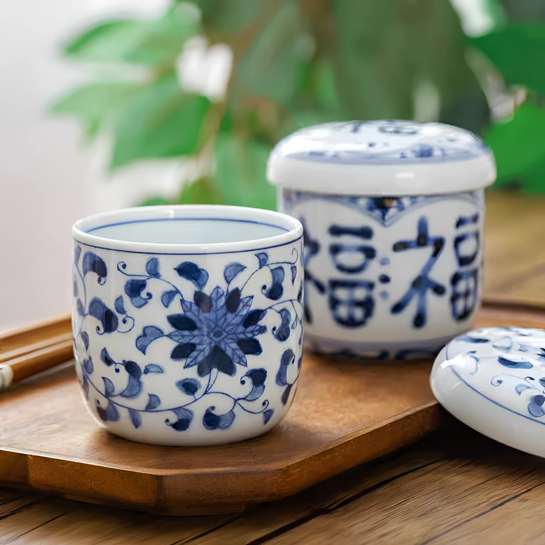 日本进口蓝凛堂蛋盅炖盅日式青花釉下彩隔水炖陶瓷盖碗家用蒸蛋盅