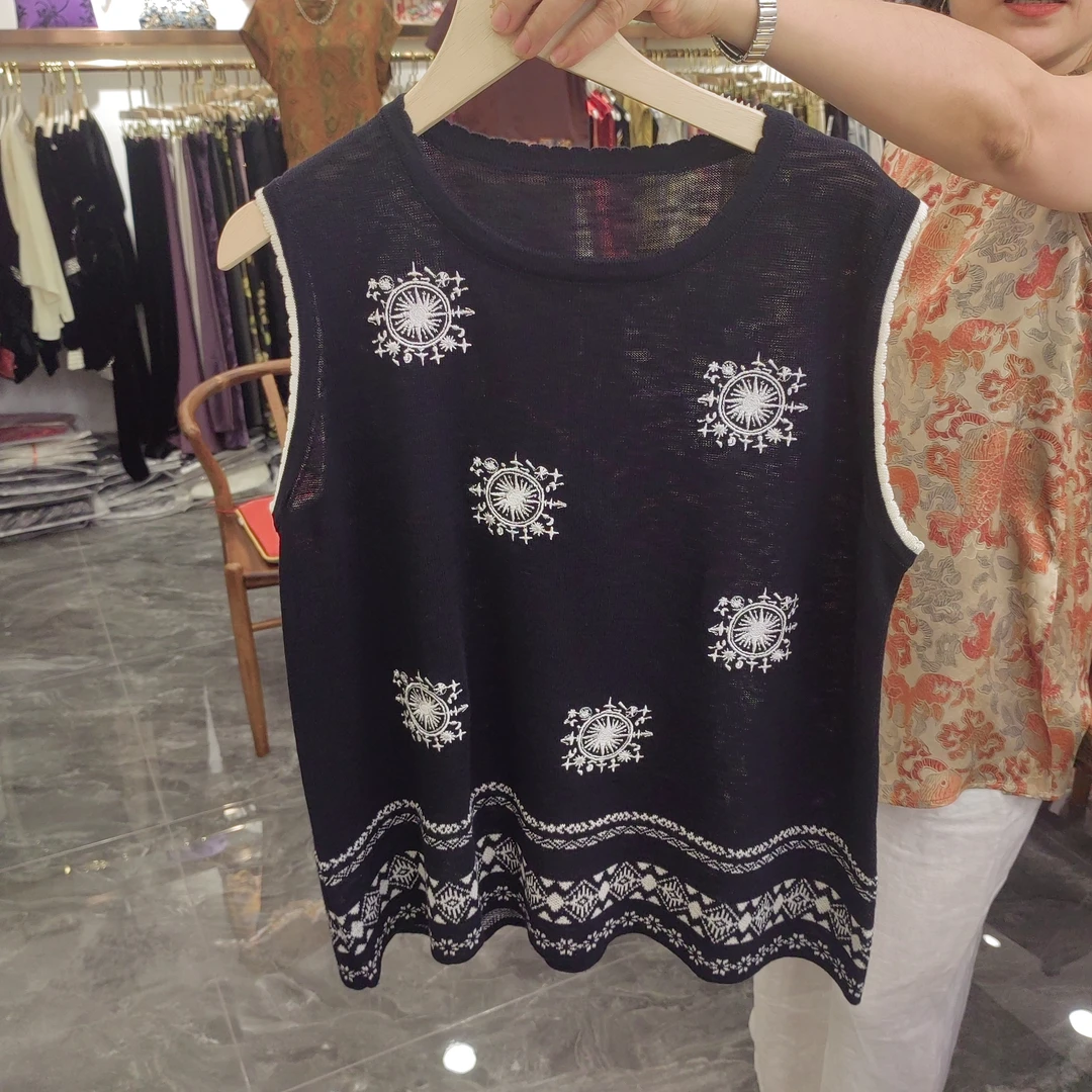 2025夏季新款欧货拼色边无袖条纹亚麻针织衫背心百搭打底衫