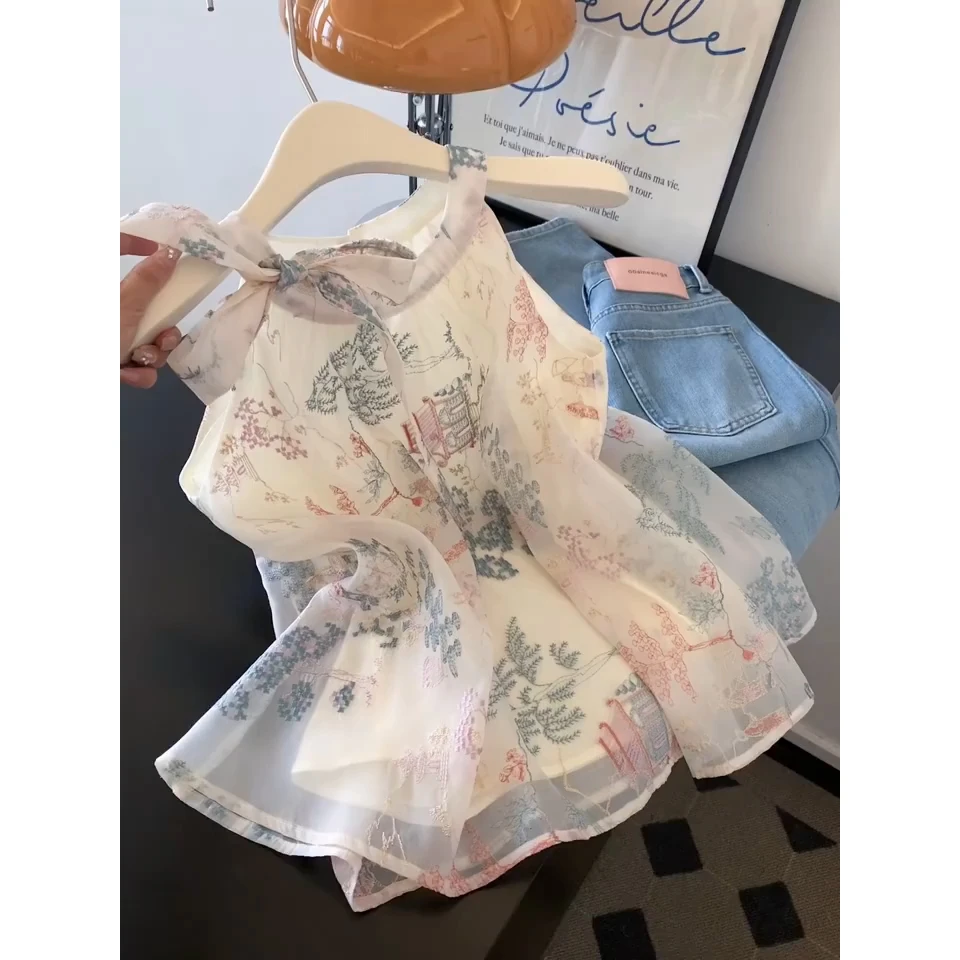 中式国风绝美漂亮奶呼呼吊带背心女夏外穿设计感无袖挂脖露肩上衣