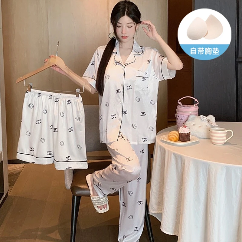 2号【短袖+短裤+长裤+胸垫】睡衣女士套装夏季冰雪丝柔软轻塑家居服