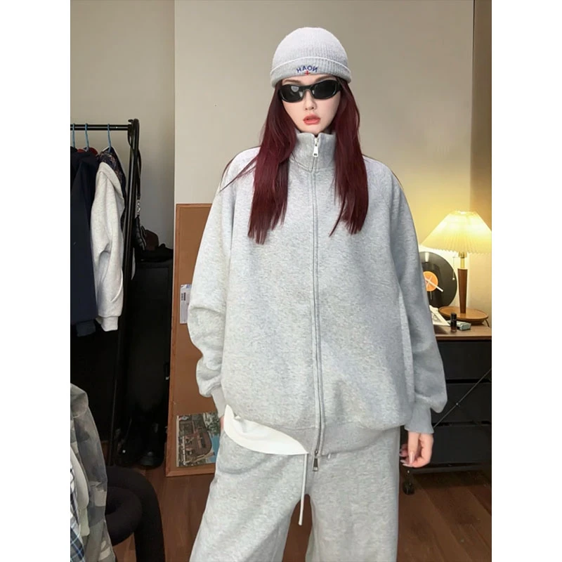 春季新款重磅420g立领潮流宽松休闲纯色情侣开衫卫衣LLKS005