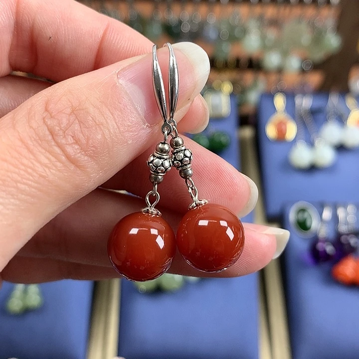 玛瑙/玉髓耳环银S925镶嵌12左右牛血红