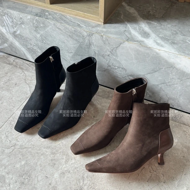 欧货｜2025新款高品质真皮简约侧拉链时装靴短靴瘦瘦靴百搭高5cm