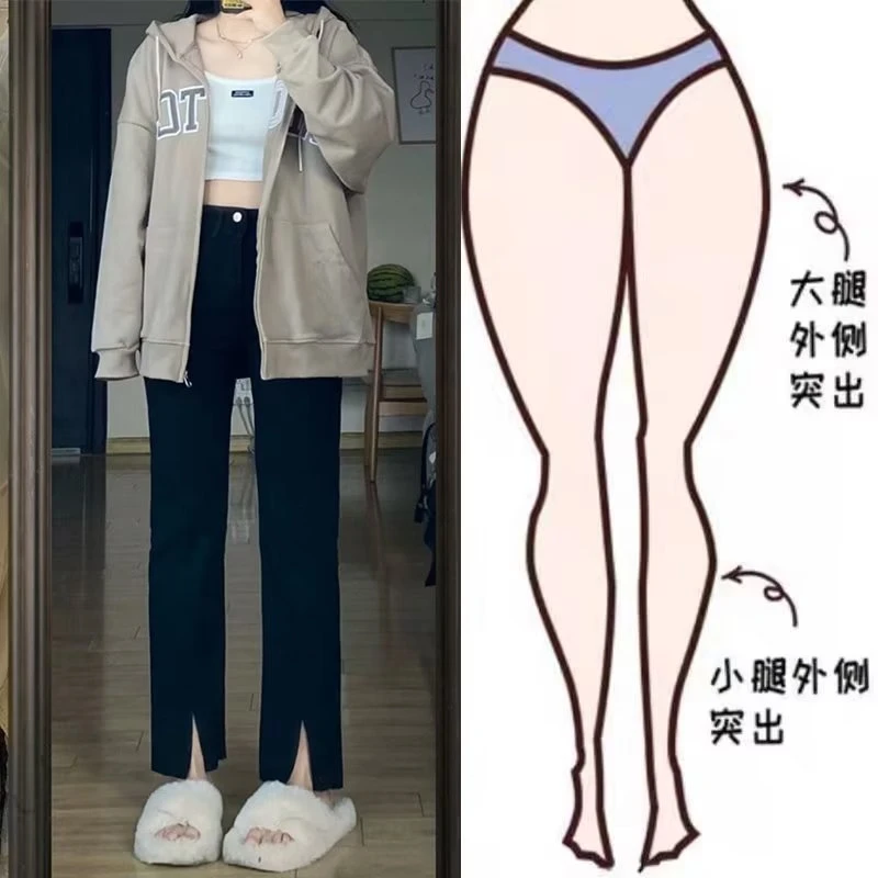 黑色开叉阔腿裤高腰牛仔裤女宽松新款韩版显瘦百搭休闲直筒裤子潮
