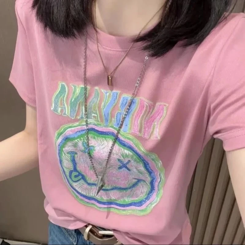 100%纯棉短袖女夏季新款百搭打底衫时尚减龄韩系印花休闲圆领上衣